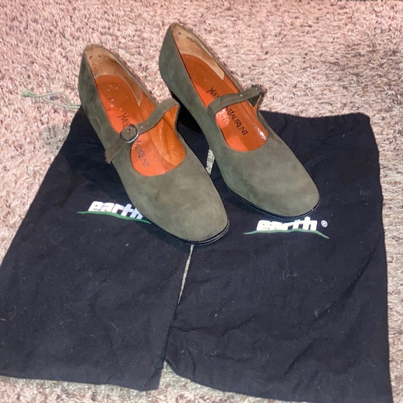 Vintage Olive Green Suede Yves Saint Laurent Paris Mary Jane Shoes Size 8 - Picture 1 of 9